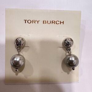 New Tory Burch silver Logo Stud Drop Pearl Earrings